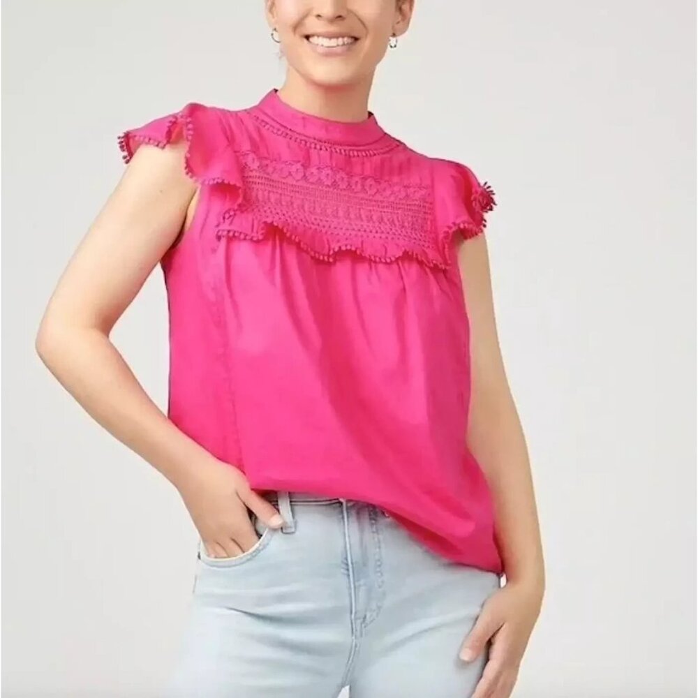 J. Crew Hot Pink Flutter Sleeve‎ top Crochet Blouse Shirt Womens Size M festive